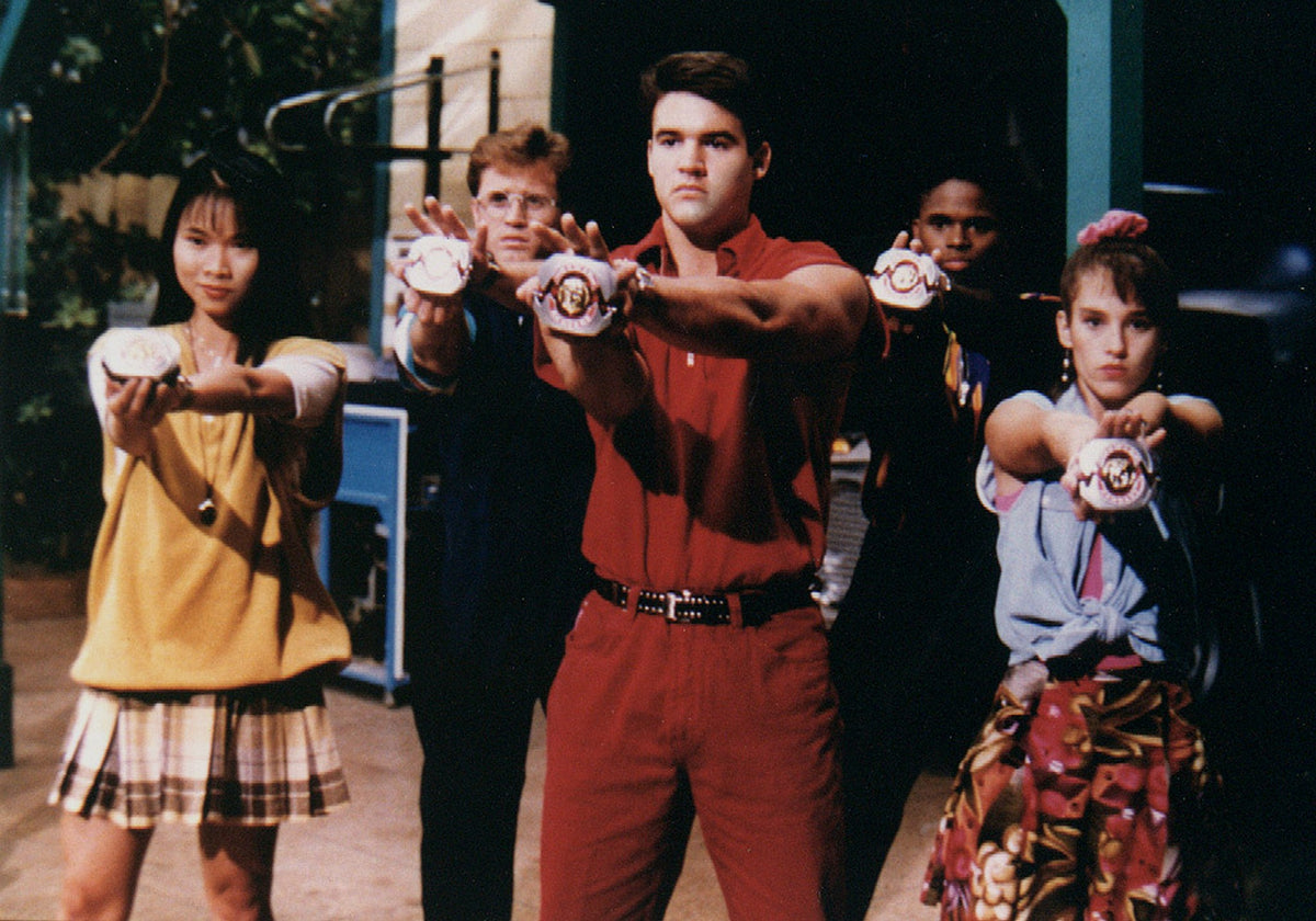 Original five Mighty Morphin Power Rangers in Billy's garage with the RAD Bug Volkswagen Beetle, hand-signed by Austin St. John